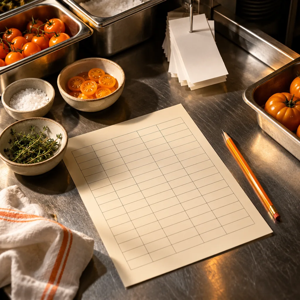 Overhead restaurant prep counter with ingredient pans, blank order tickets, a gridded inventory sheet and an orange pencil