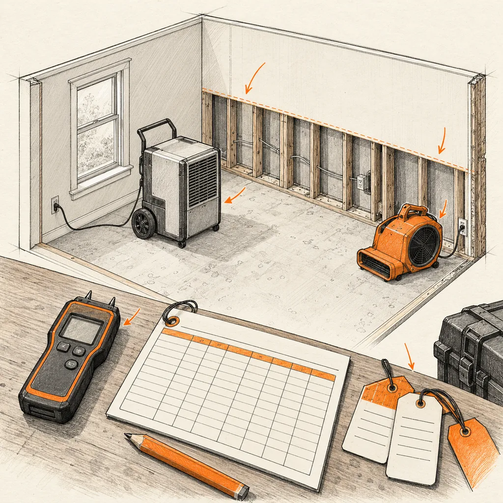 Hand-drafted restoration field illustration of a cutaway drying room, air movers, a moisture meter and a blank work log in orange and charcoal