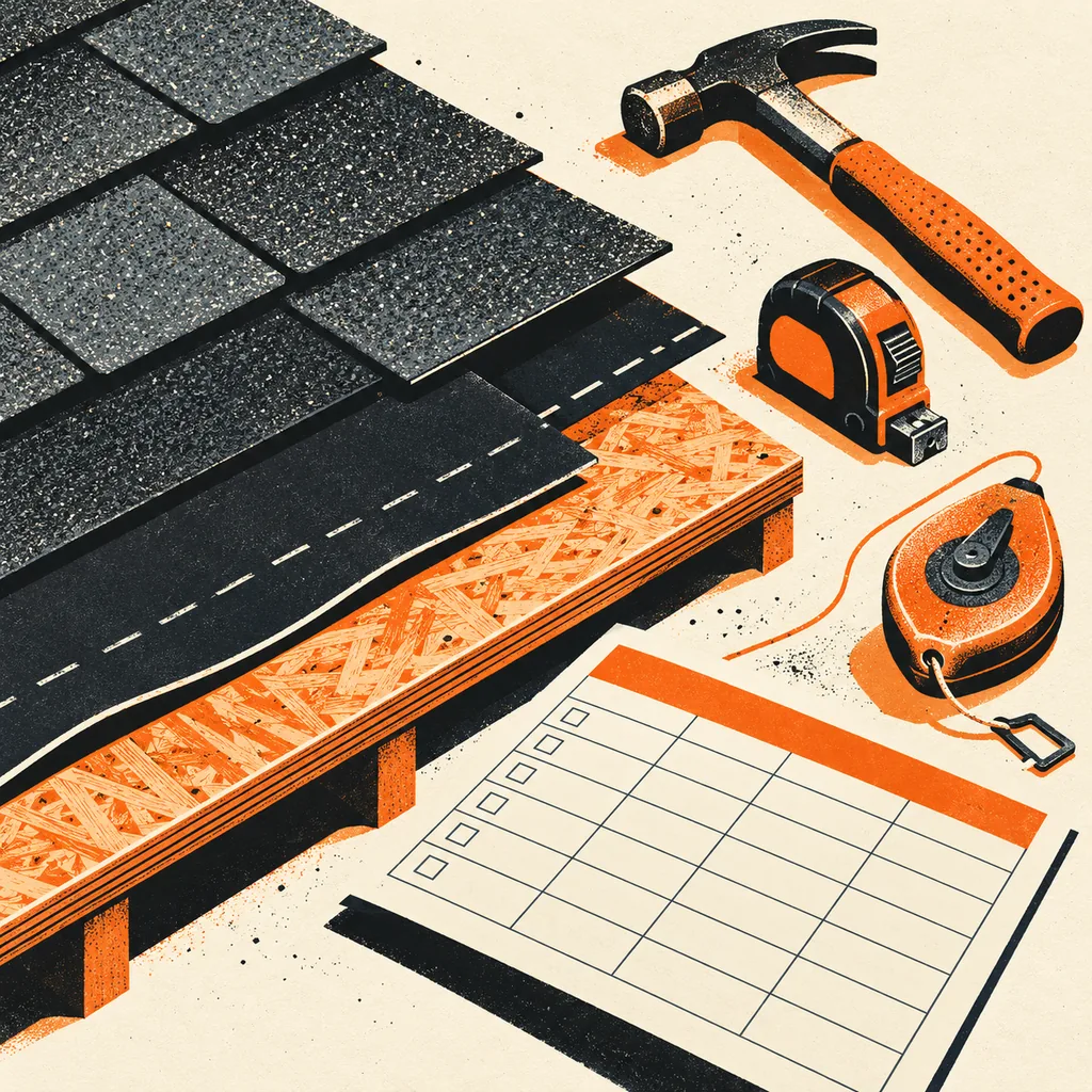 Screen-print illustration of layered roofing materials, a hammer, tape measure, chalk line and blank project checklist in orange, black and cream