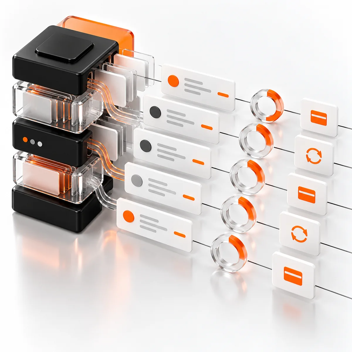 Abstract 3D SaaS subscription data modules with glass renewal rings and orange-highlighted account cards