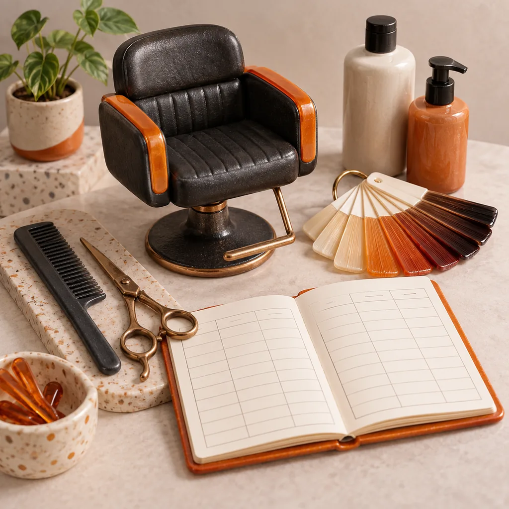 Handcrafted miniature salon station with charcoal styling chair, orange color swatches, shears, unbranded bottles and a blank appointment ledger