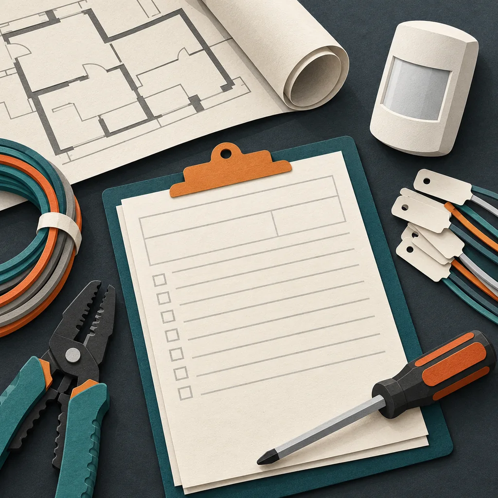 Editorial cut-paper illustration of security installation work orders, a generic floor plan, cable labels and hand tools