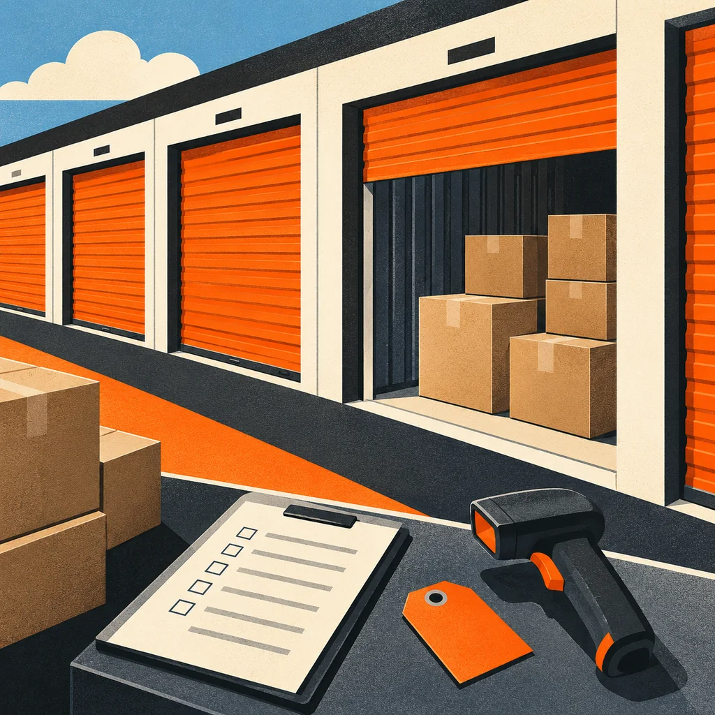 Screenprint illustration of self-storage roll-up doors, boxes, a paper checklist and a barcode scanner