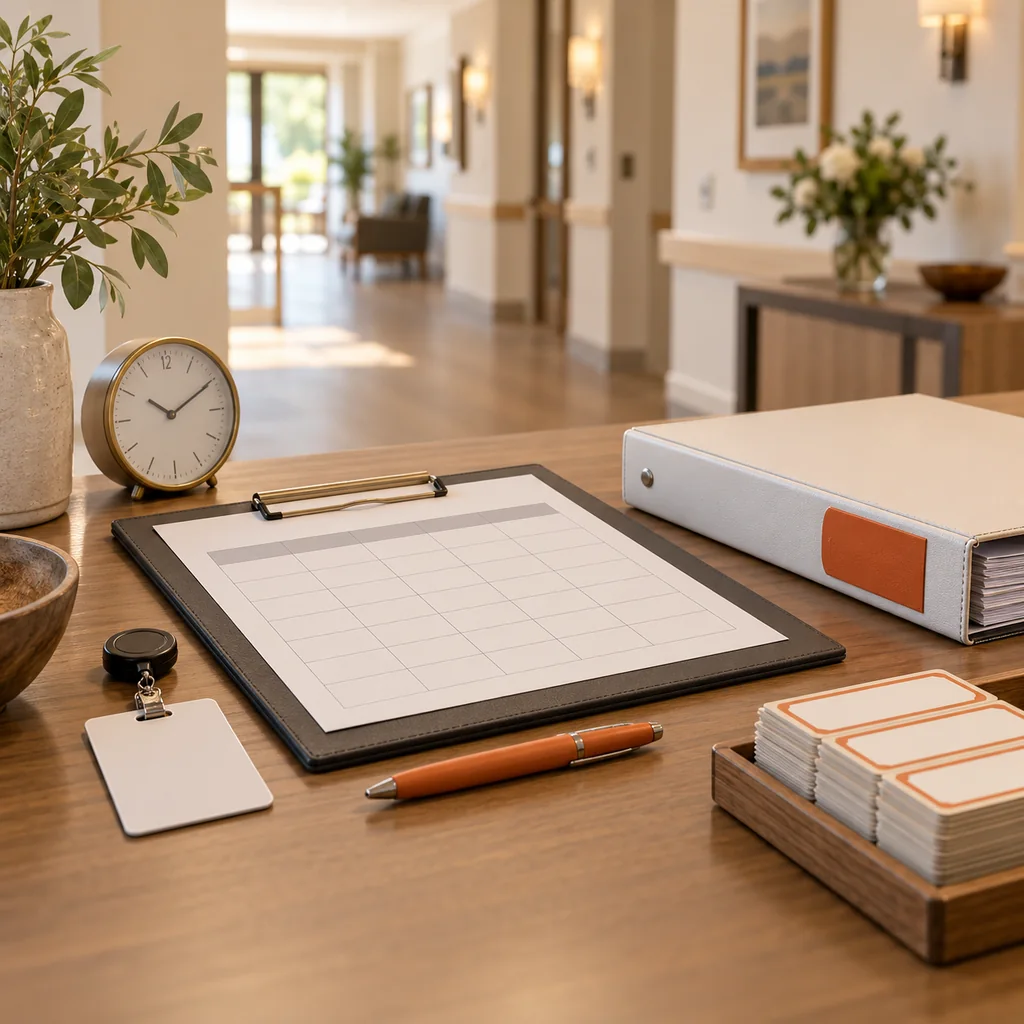Warm editorial photograph of a senior care facility operations desk with a blank staff roster, binder, clock and orange pen