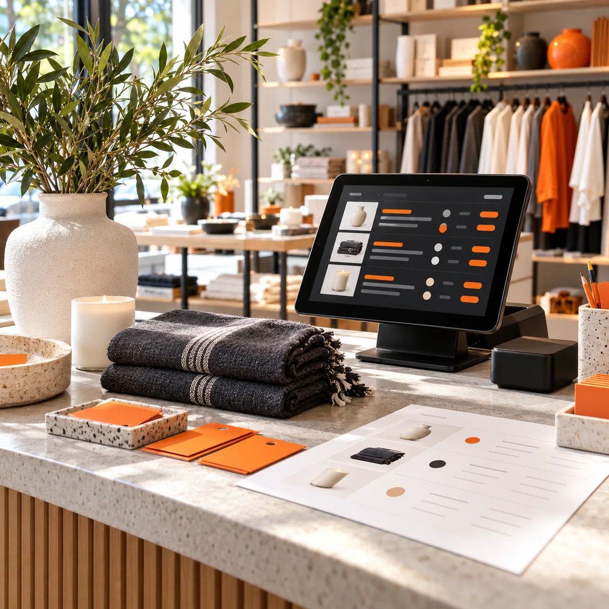 Independent retail boutique checkout with a black point-of-sale terminal, product rows, orange SKU cards, and curated merchandise
