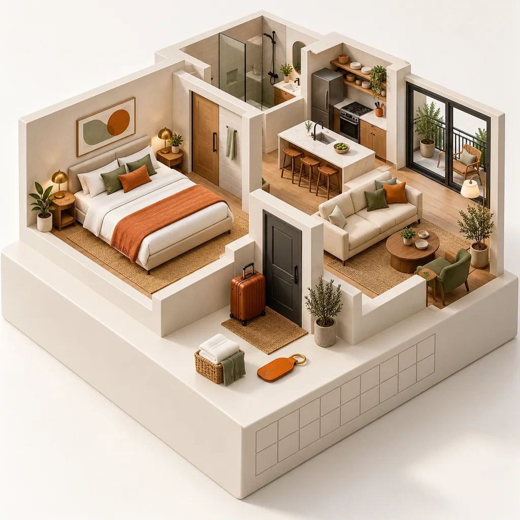 Three-dimensional cutaway miniature of a vacation rental with a suitcase, fresh linens and an orange key tag