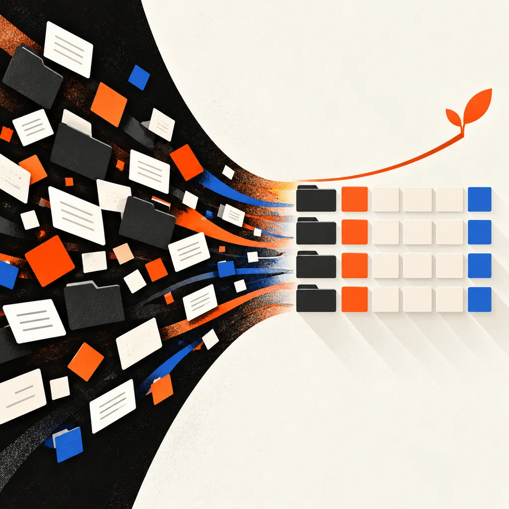 Swiss-style geometric illustration of scattered operational cards resolving into aligned startup data rows