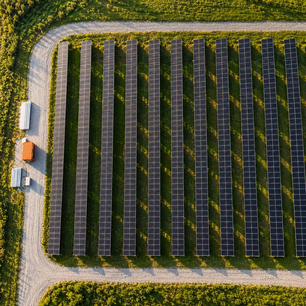 Aerial photograph of solar panel rows in a green field with service paths and orange installation equipment