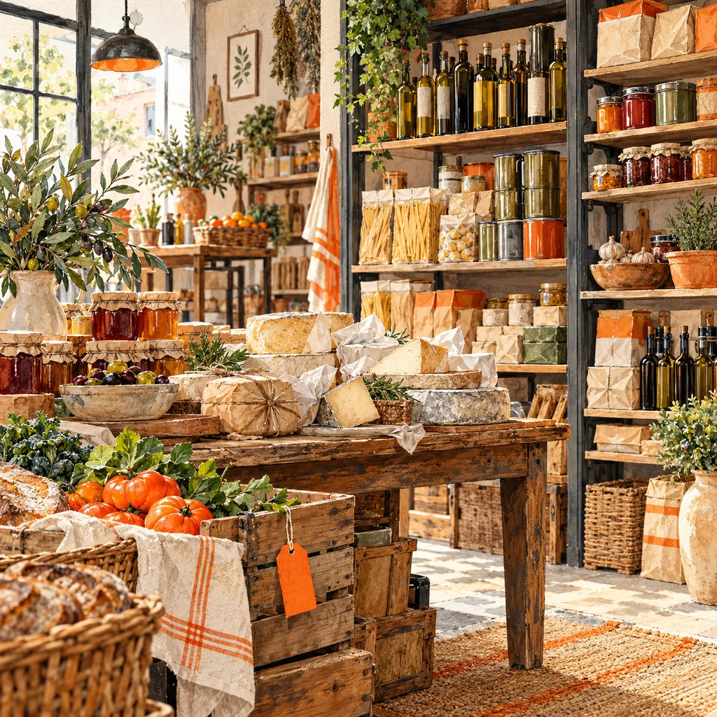 Editorial illustration of a gourmet pantry with artisan products, jars, produce crates and an orange receiving tag