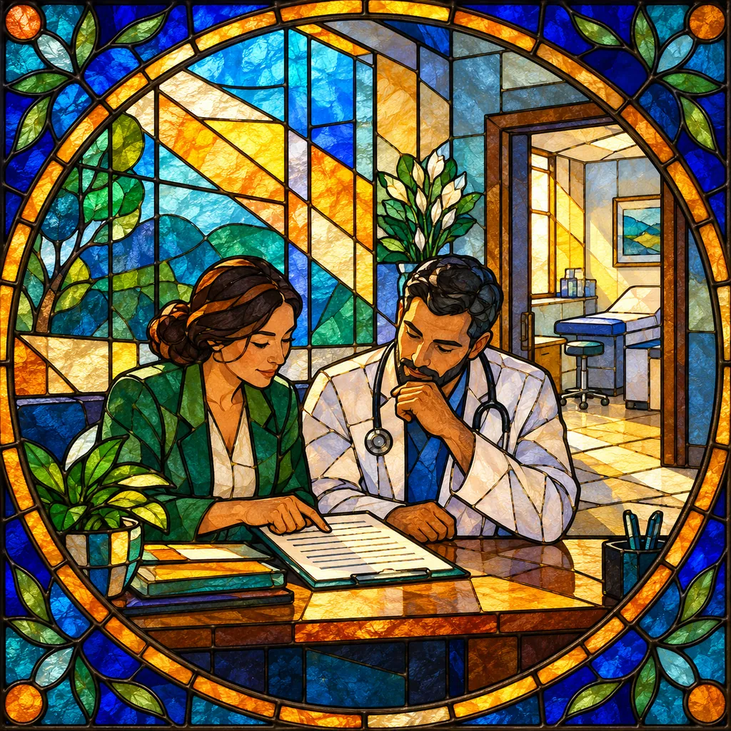 Stained-glass illustration of a clinician and practice administrator reviewing an intake form