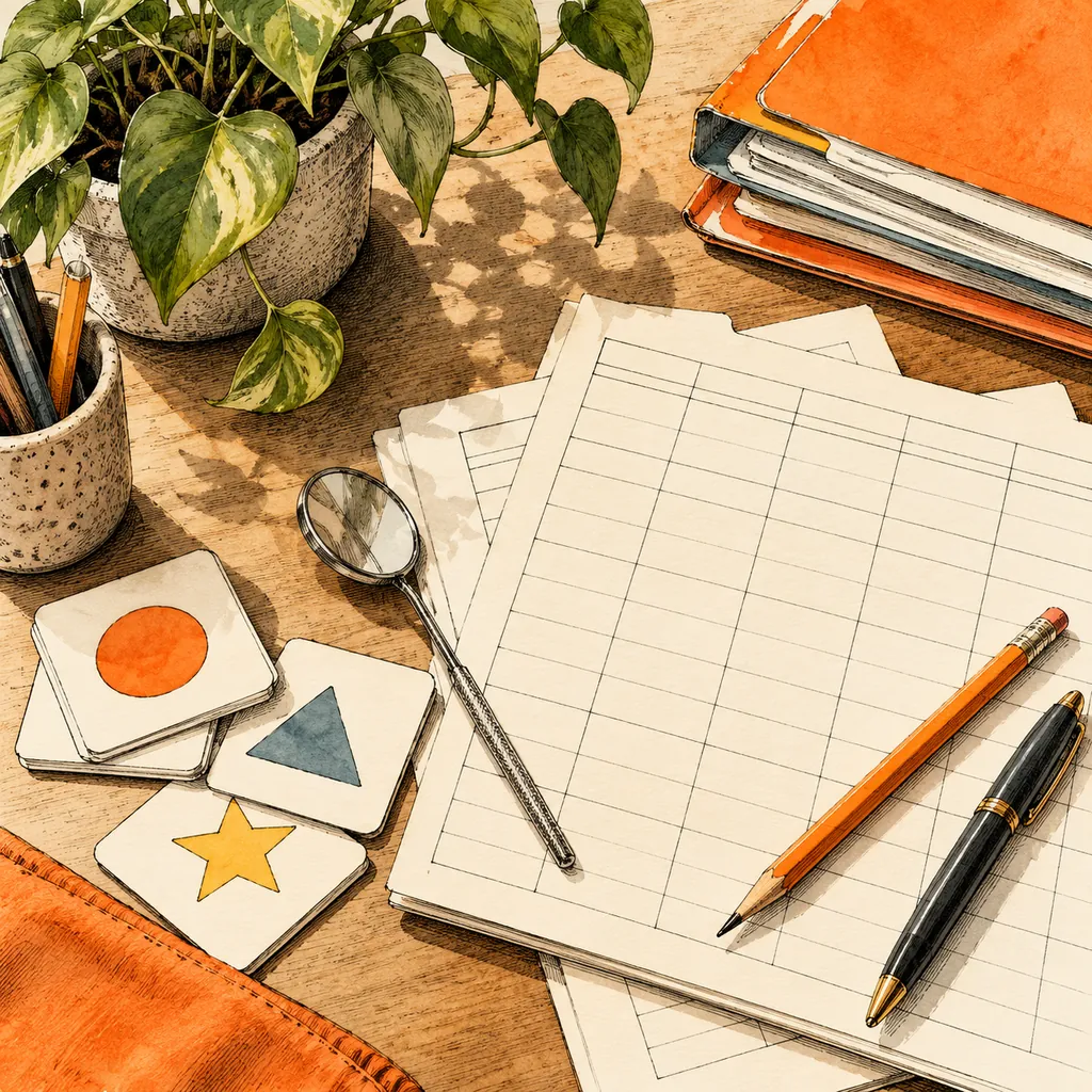 Hand-inked illustration of therapy practice worksheets, an articulatory mirror and orange pencils