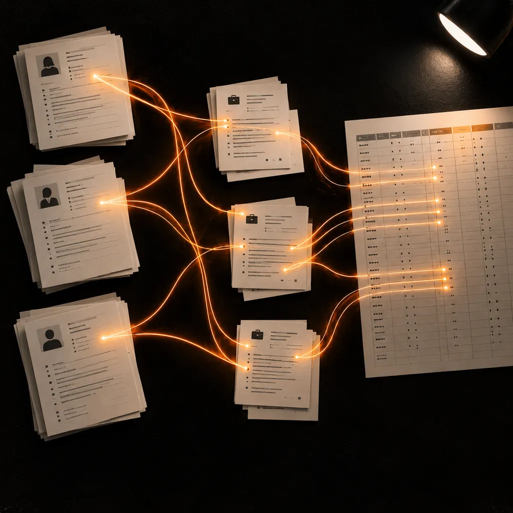 Abstract orange light trails linking candidate record sheets to a staffing spreadsheet