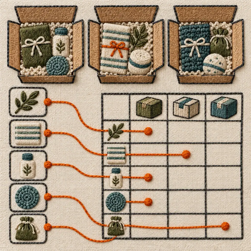 Embroidered subscription boxes and orange stitched lines mapping product selections into a packing grid