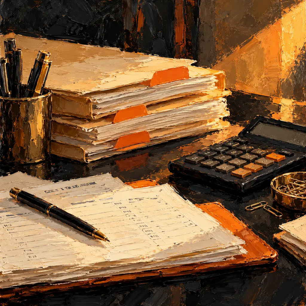 Expressive oil painting of orderly client tax folders, ledger sheets and a calculator in amber light
