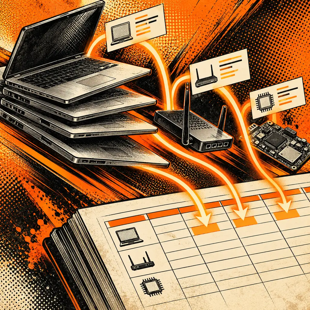 Retro comic illustration of refurbished laptops, network equipment and orange data paths into an inventory grid