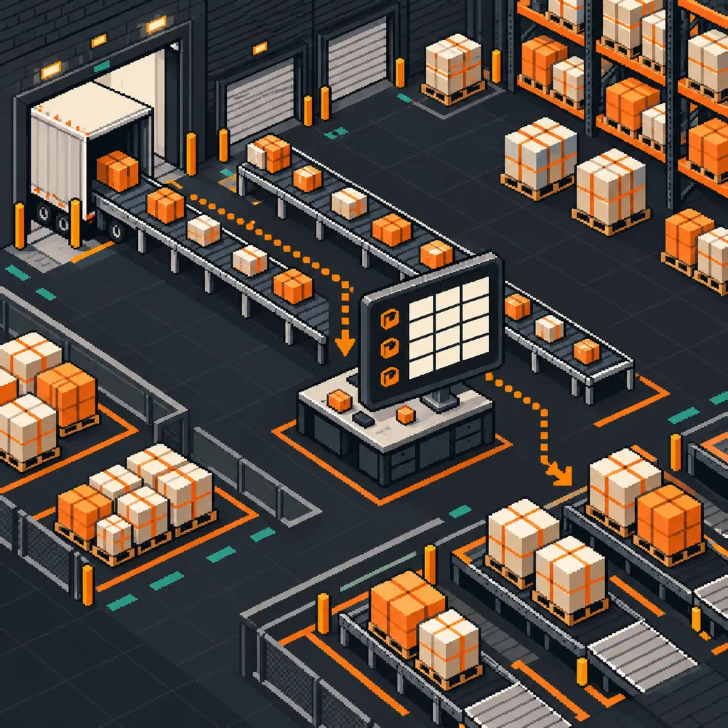 Pixel-art warehouse with orange parcel routes leading to a shipment manifest station