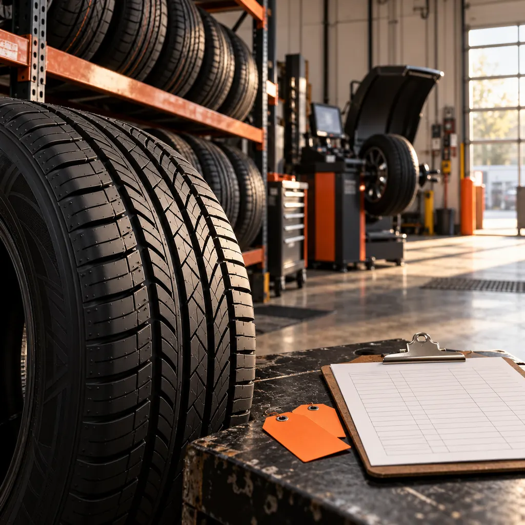 Close-up of tire tread and inventory clipboard in an orange-accented tire service bay