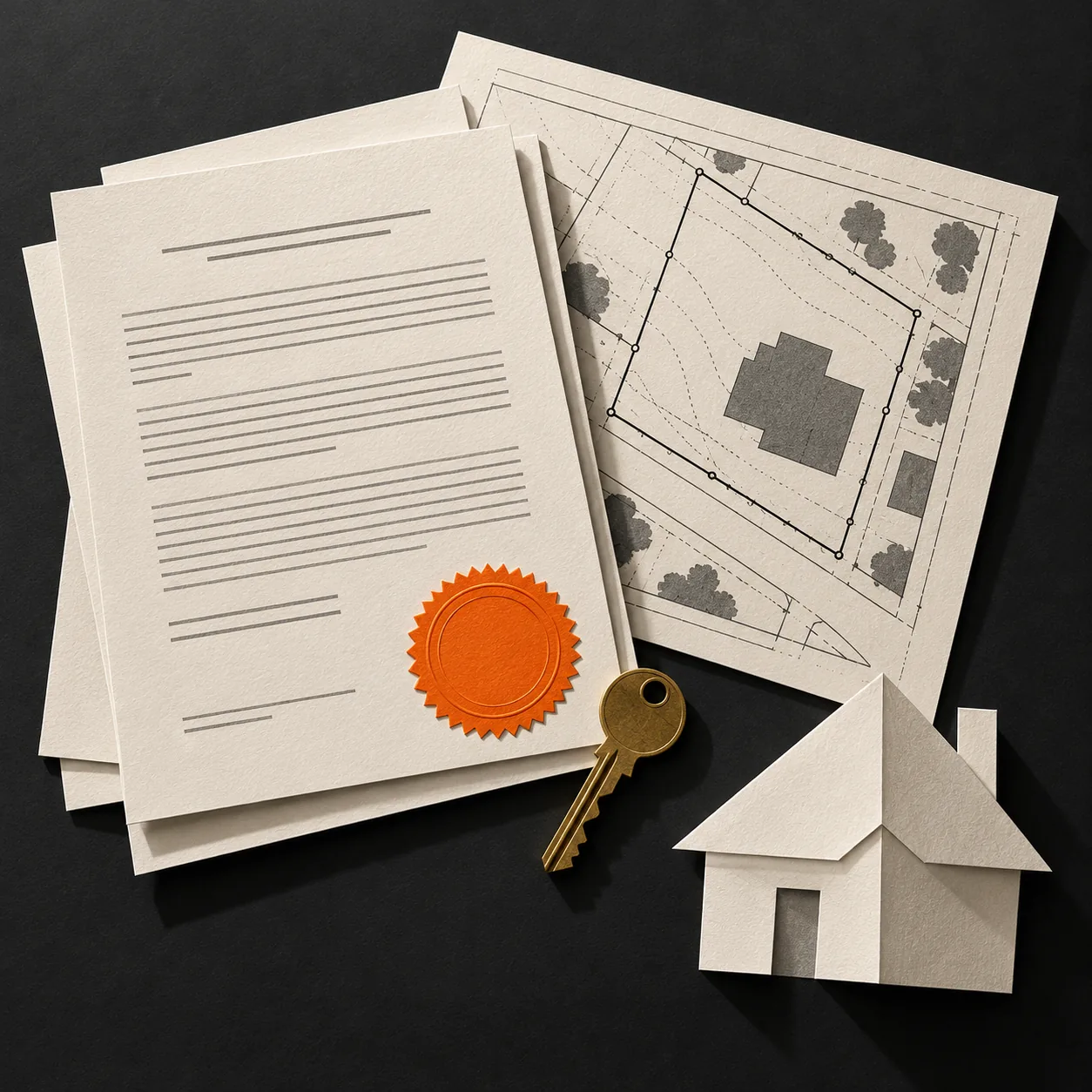 Layered property closing papers, parcel survey and orange seal on a charcoal surface