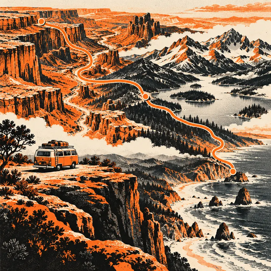 Vintage orange and charcoal excursion van following a winding route across a screen-printed topographic landscape