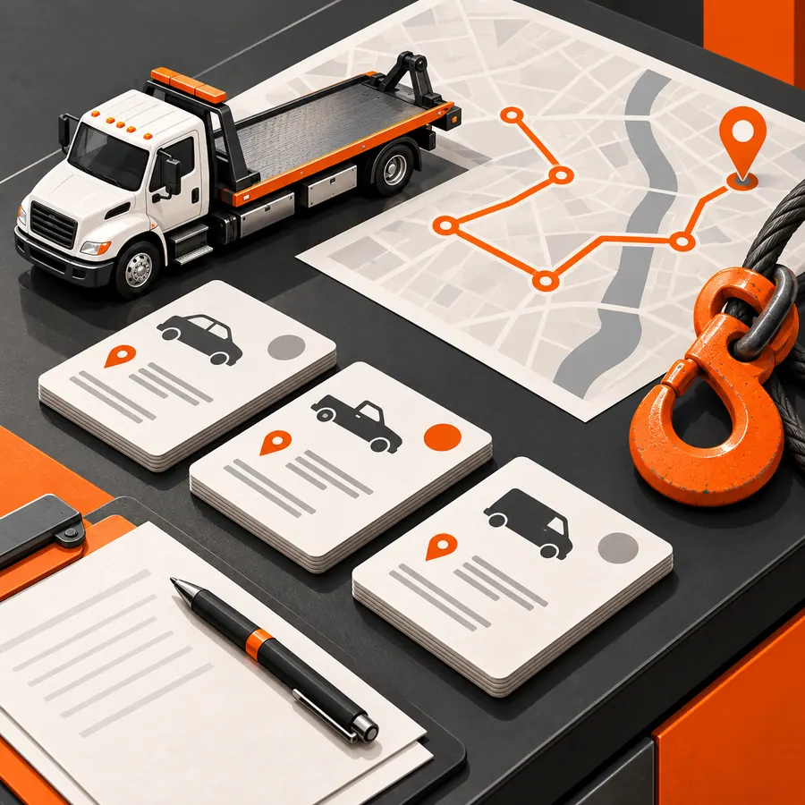 Isometric tow dispatch scene with orange recovery hook, route map and blank vehicle service tickets