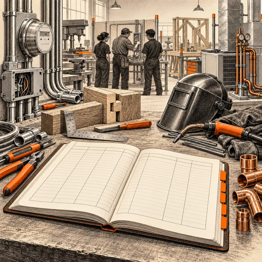Engraved vocational workshop with electrical and carpentry tools beside an open practical skills logbook