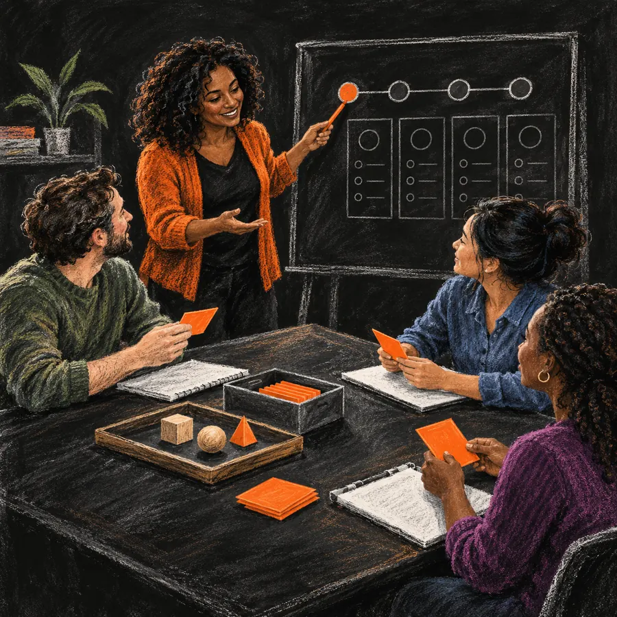 Chalk pastel training session with an instructor guiding learners through a cohort progress board