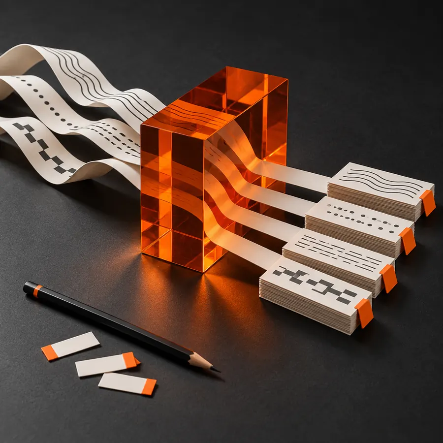 Abstract paper strips pass through an orange glass prism and emerge sorted into translation project stacks