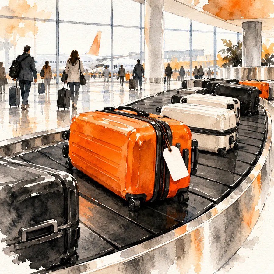 Watercolor airport baggage carousel with a vivid orange suitcase and blank traveler tag