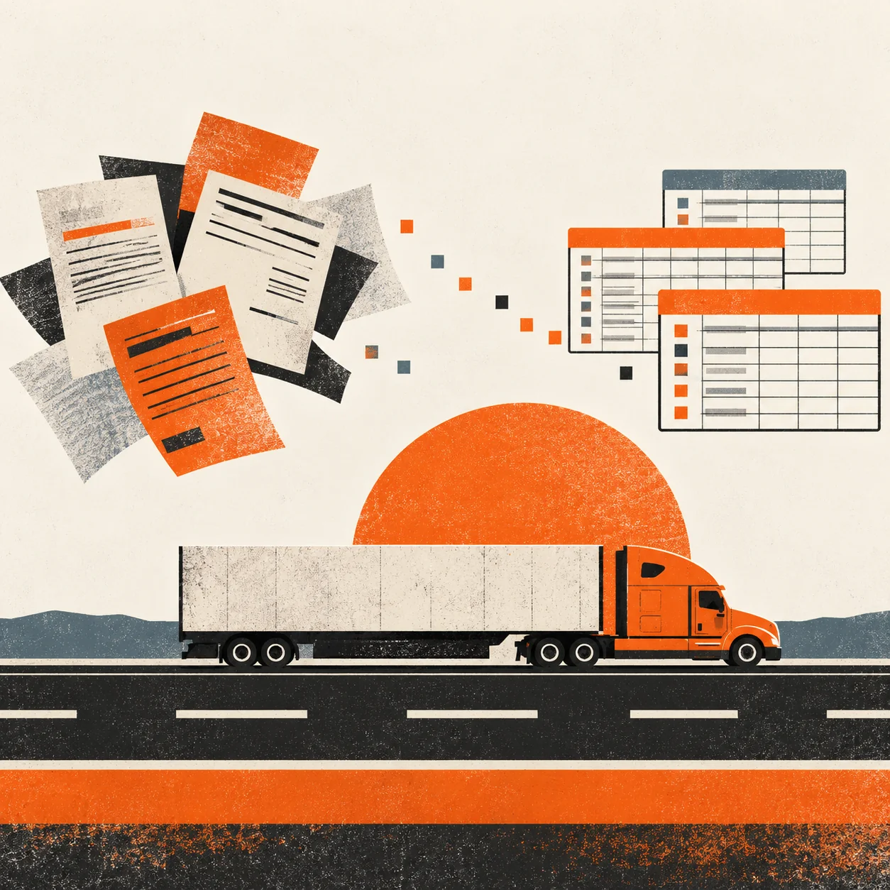 Textured editorial screenprint of a truck on a highway, paper load manifests and structured spreadsheet grids