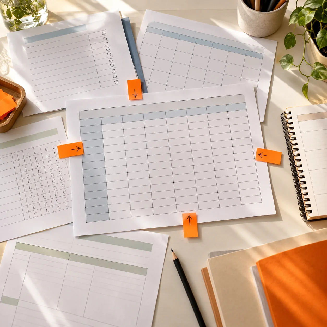 Overhead editorial photograph of tutoring attendance sheets and student progress grids with orange tabs