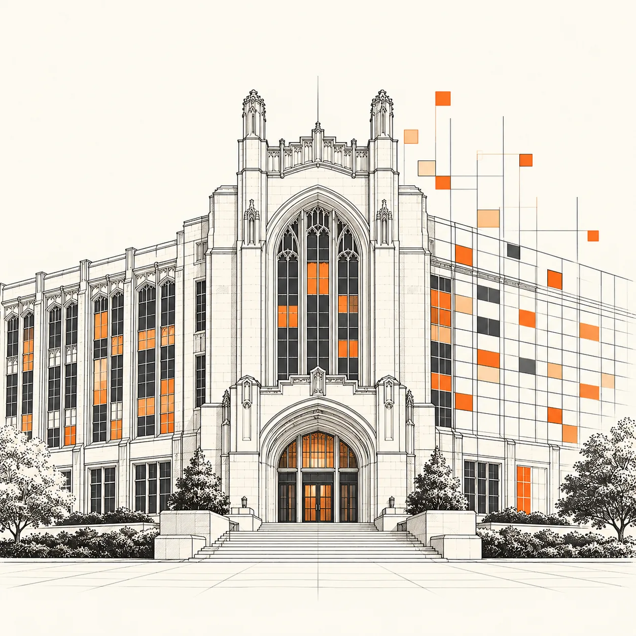 Technical line-art illustration of a university facade whose windows transition into a structured record grid with orange data accents