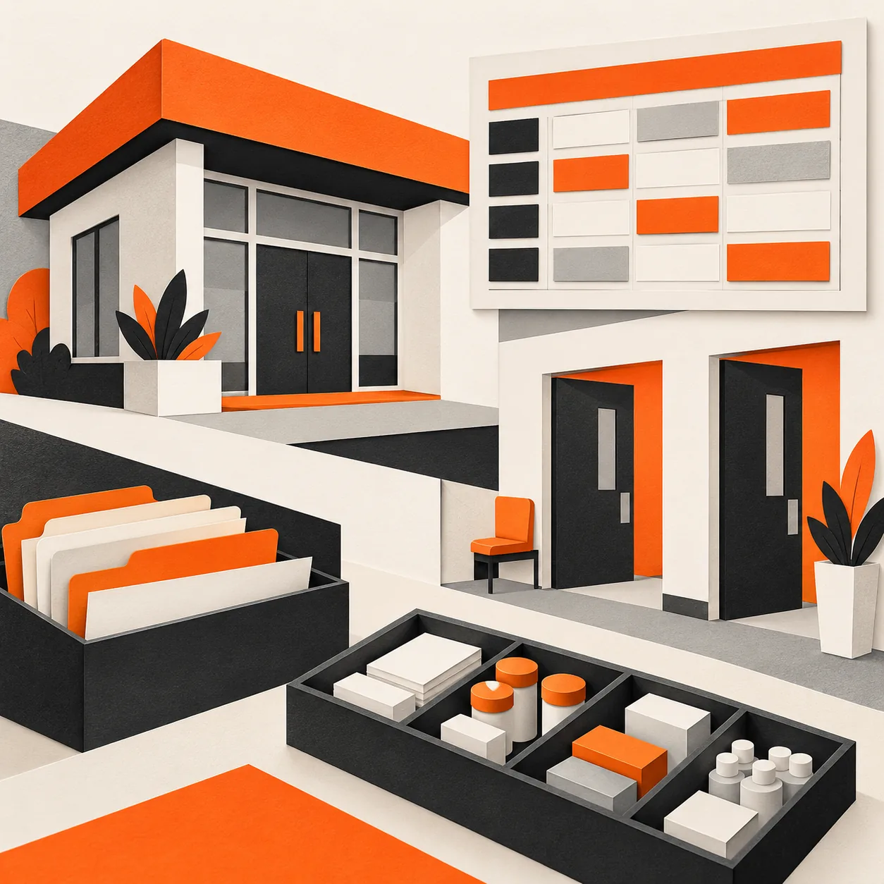 Flat geometric paper-cut collage of an urgent-care clinic operations board, room doors and organized supply inventory in orange, black and white