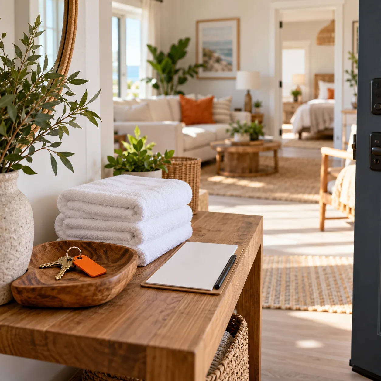 Bright vacation-rental entry with folded towels, an orange key tag and blank turnover checklist on a wood console