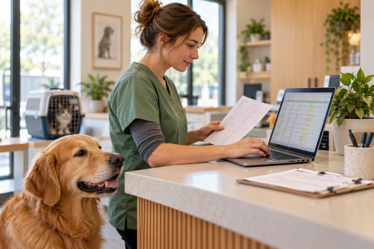 Veterinary clinic staff entering approved intake and appointment fields into a spreadsheet beside a golden retriever