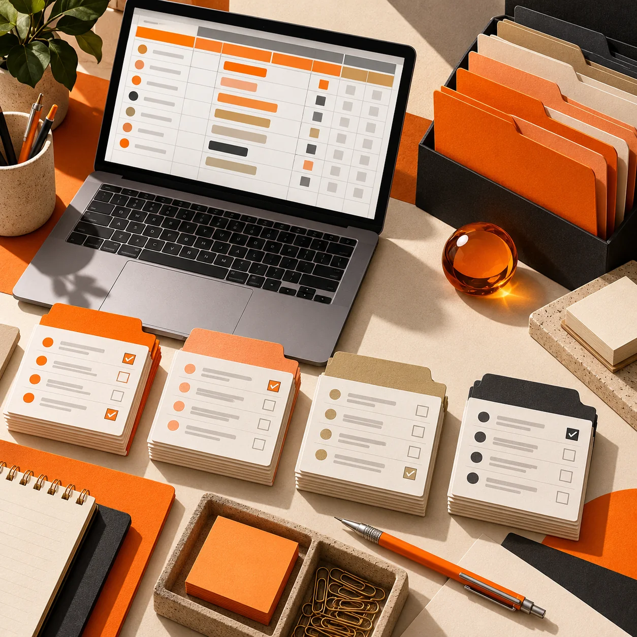 Top-down editorial view of a virtual assistant agency desk with client task cards, separated folders and a spreadsheet laptop
