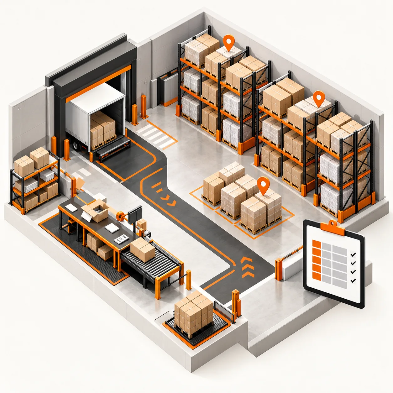 Square isometric illustration of warehouse racks, receiving dock, pallet paths and an inventory review clipboard in Tranki orange and charcoal