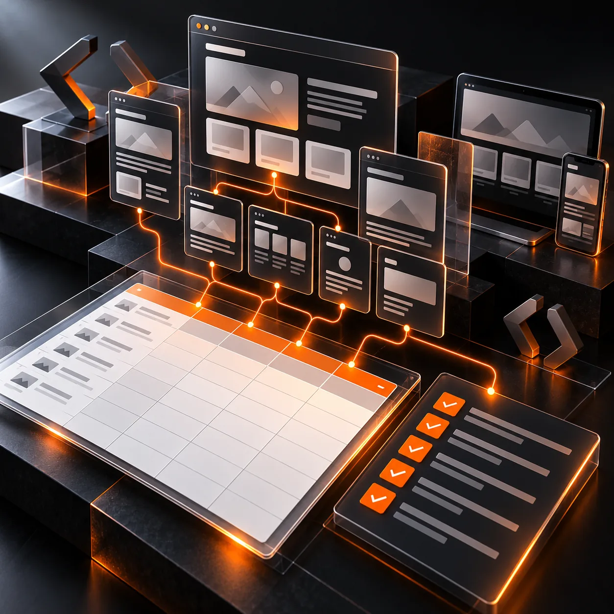 Square dark 3D illustration linking responsive website wireframes to a project spreadsheet and launch checklist with orange pathways