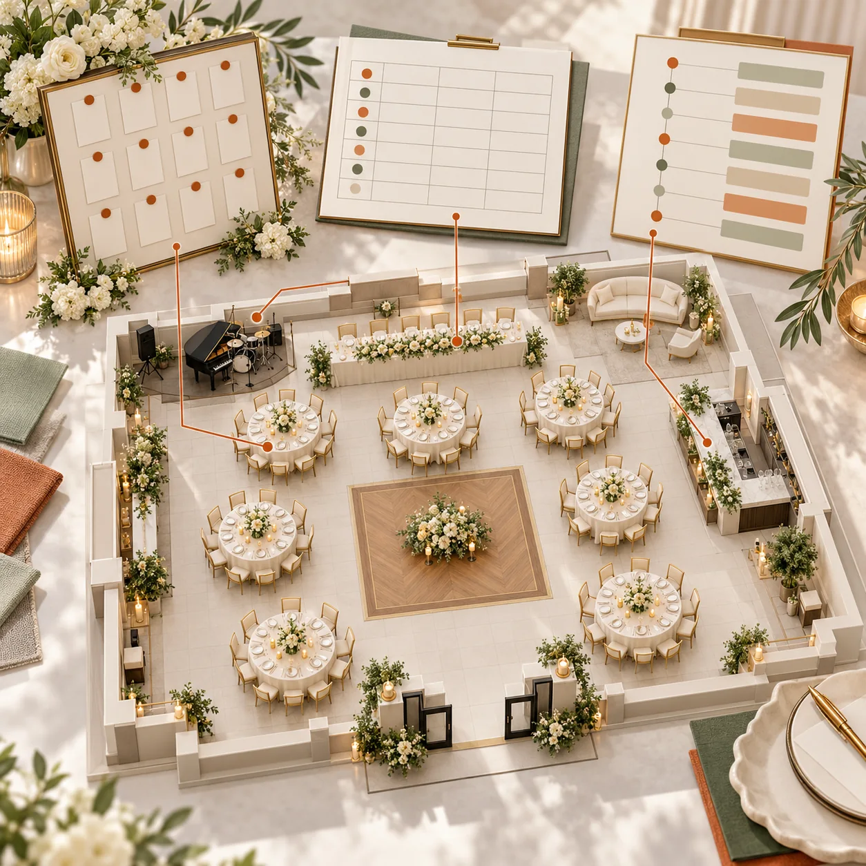 Square luxury wedding reception miniature with seating plan boards, table layout and event-count ledger