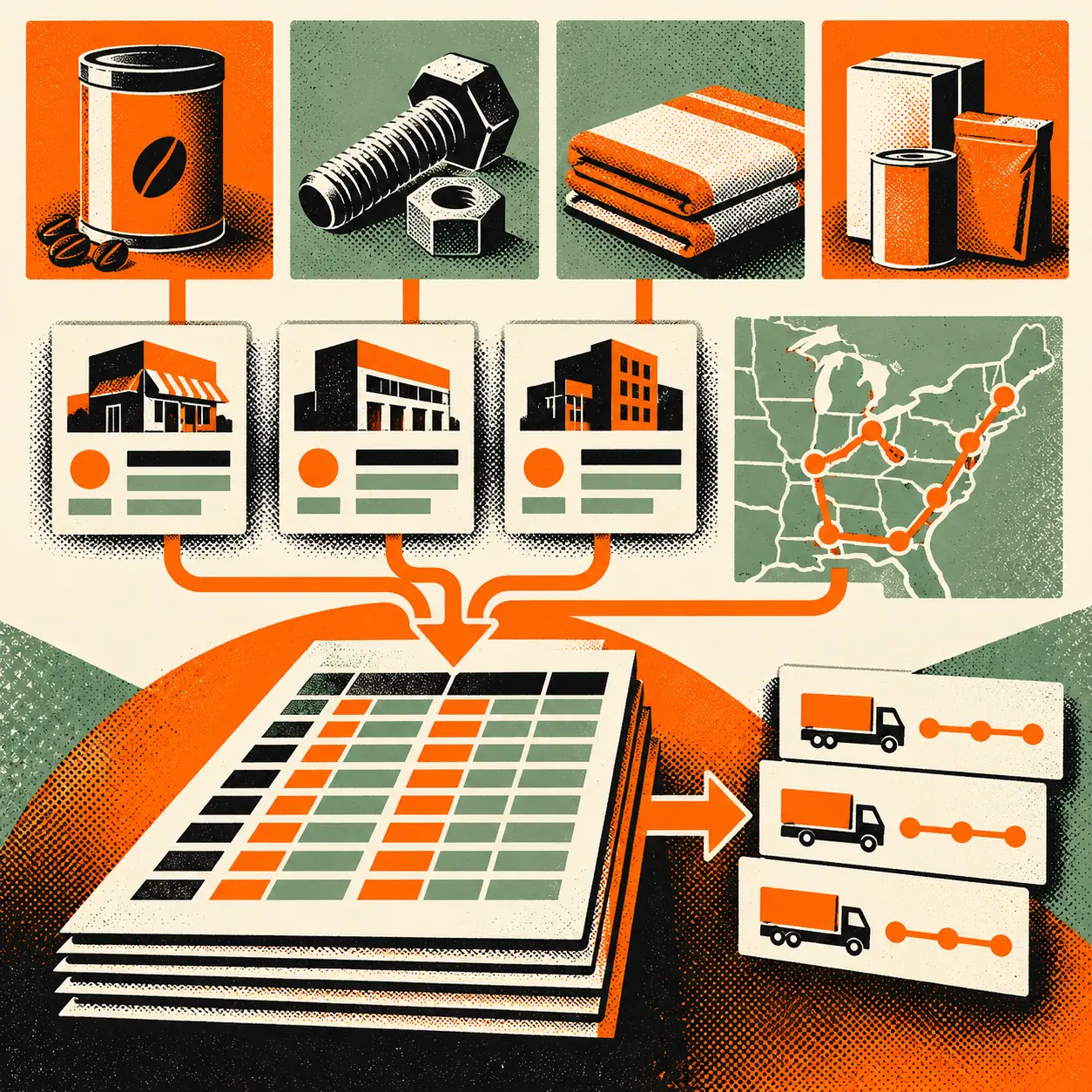 Square risograph illustration connecting wholesale product category cards, customer accounts, regional delivery routes and an order spreadsheet