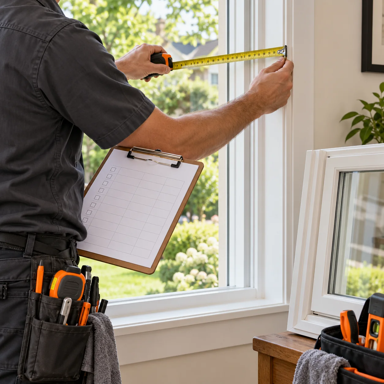 Square editorial photograph of a window installer measuring a residential frame beside a blank job checklist