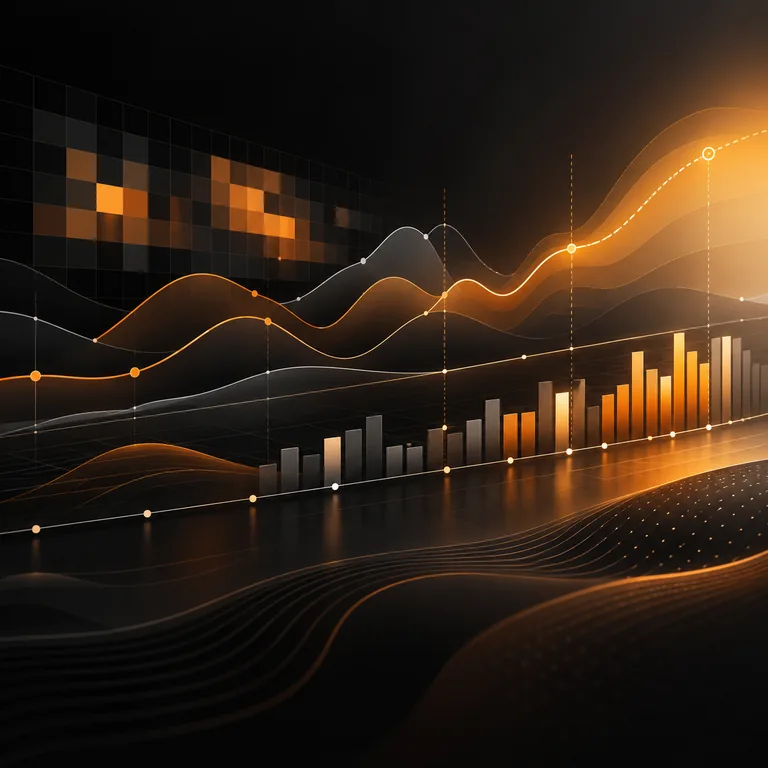 Abstract demand forecast with layered wave charts, heatmap tiles, capacity bars, timeline markers, and an amber projected curve