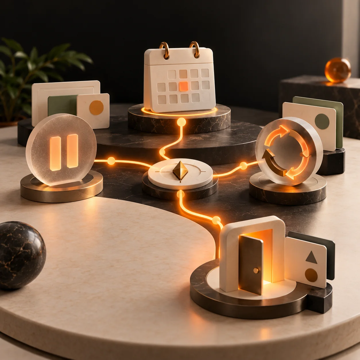 3D editorial scene showing a subscription calendar, pause symbol, renewal path, choice markers, and a clear exit gate connected by Tranki orange light.