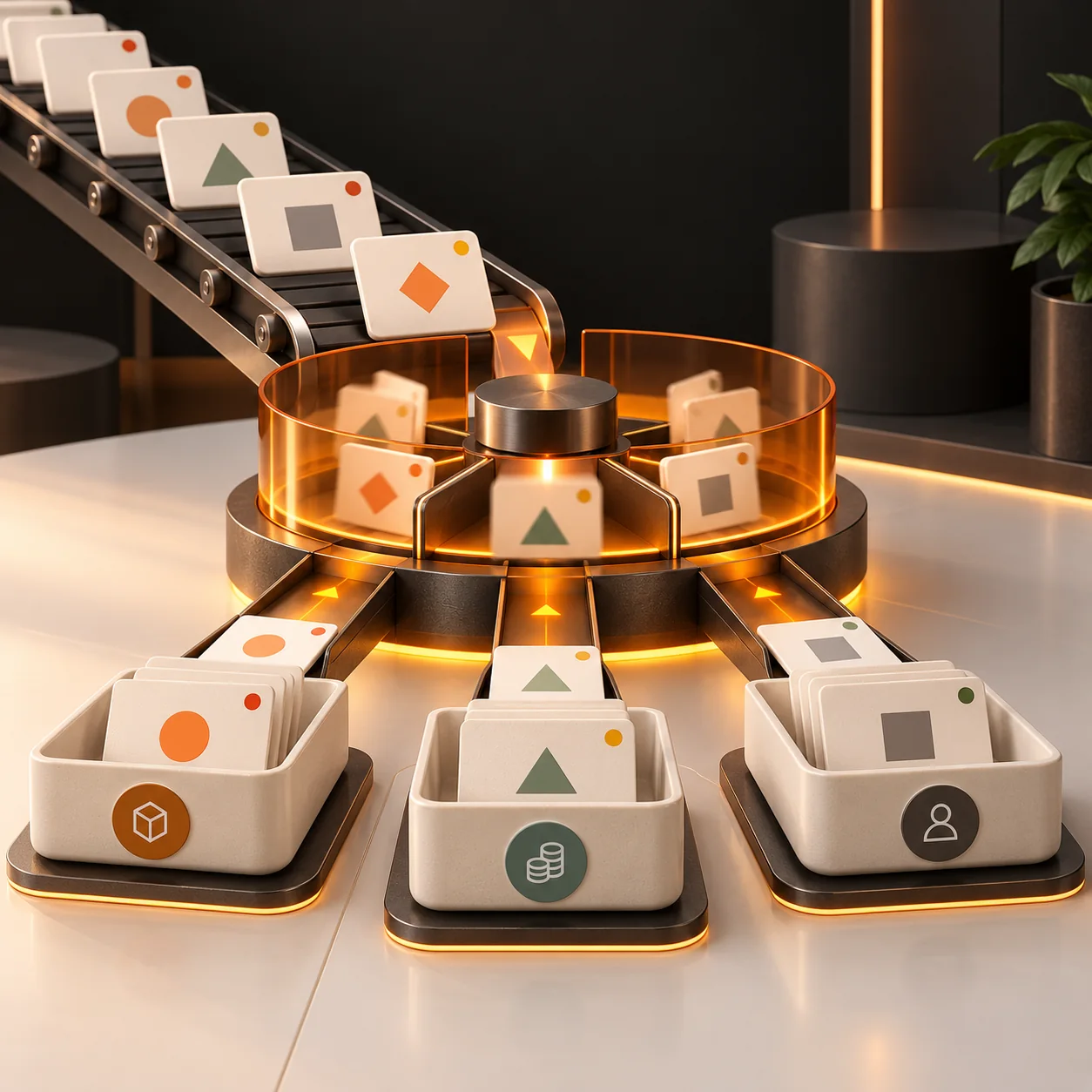 3D editorial scene showing abstract support ticket cards moving through an amber sorting carousel into product, billing, and account support trays.