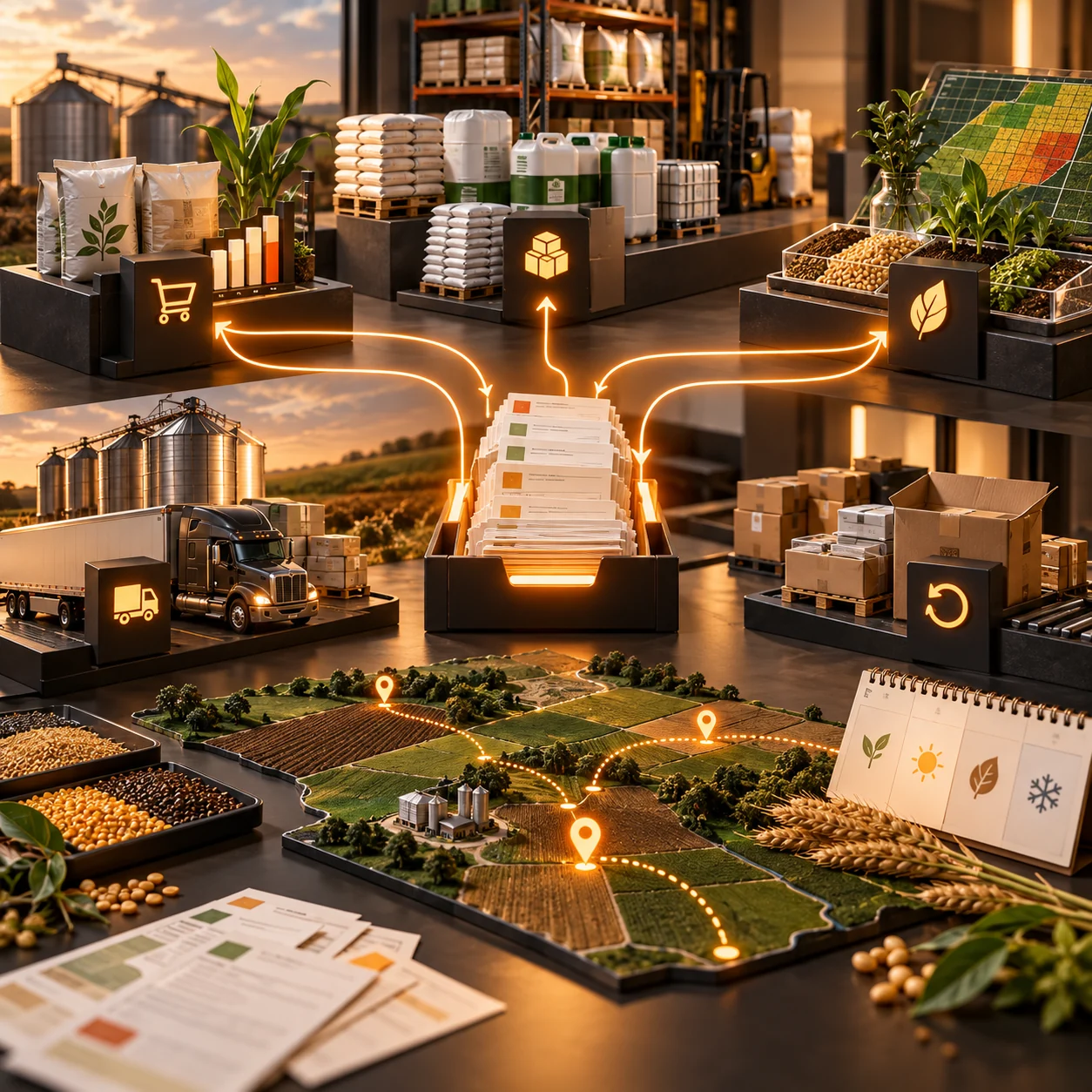 Agricultural supply depot with orange request routes connecting farm products, inventory, logistics and field-service stations