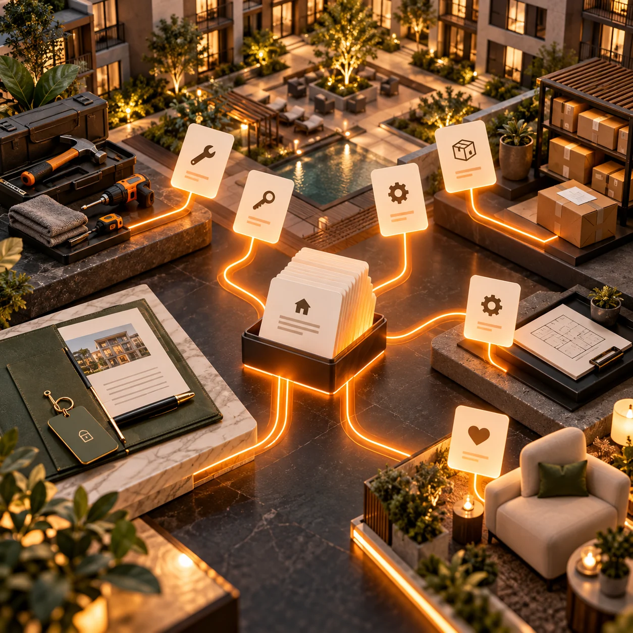 Apartment community operations scene with orange resident request routes connecting maintenance, leasing, packages and amenities