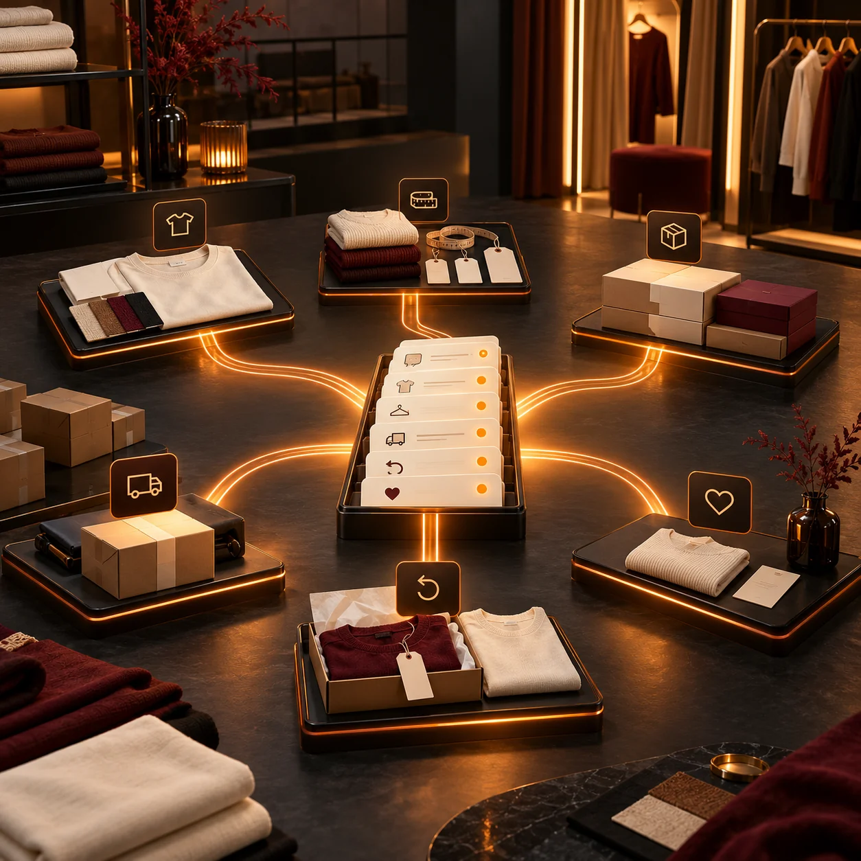 Apparel brand operations studio with orange request routes connecting products, fit, orders, fulfillment and returns