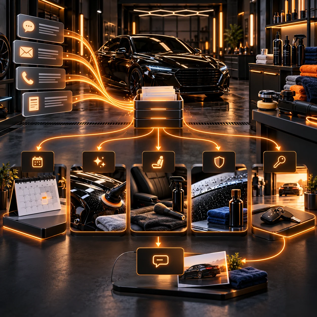 Premium auto detailing studio with orange request routes connecting bookings, vehicle services, pickup and customer care
