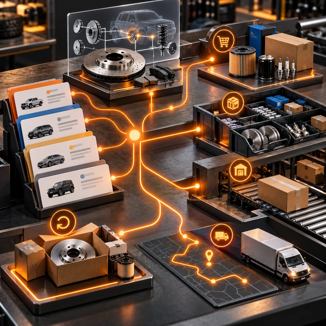 Auto parts retail counter with orange request routes connecting fitment, catalog, inventory, warehouse, delivery and returns