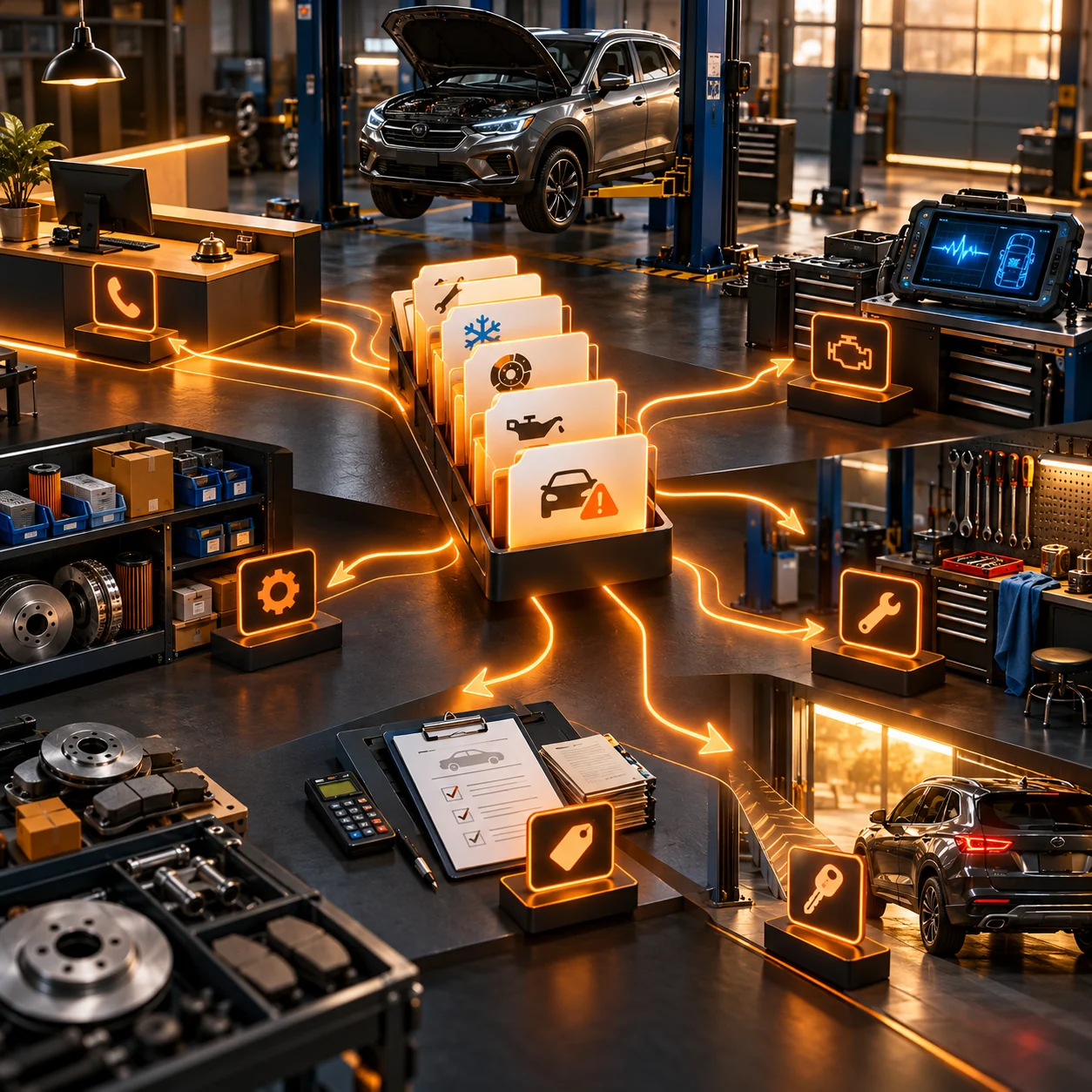 Auto repair shop with orange request routes connecting vehicle diagnostics, repair orders, parts, technicians and customer pickup