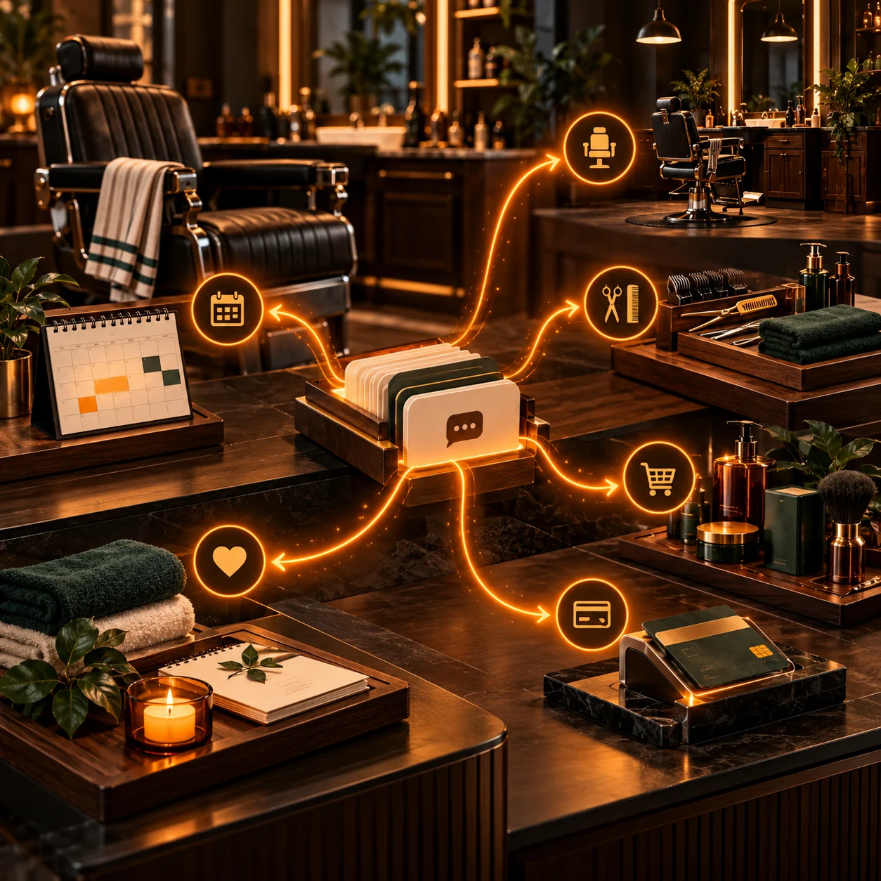 Modern barbershop with orange request routes connecting appointments, barbers, grooming services, products, payments and client care